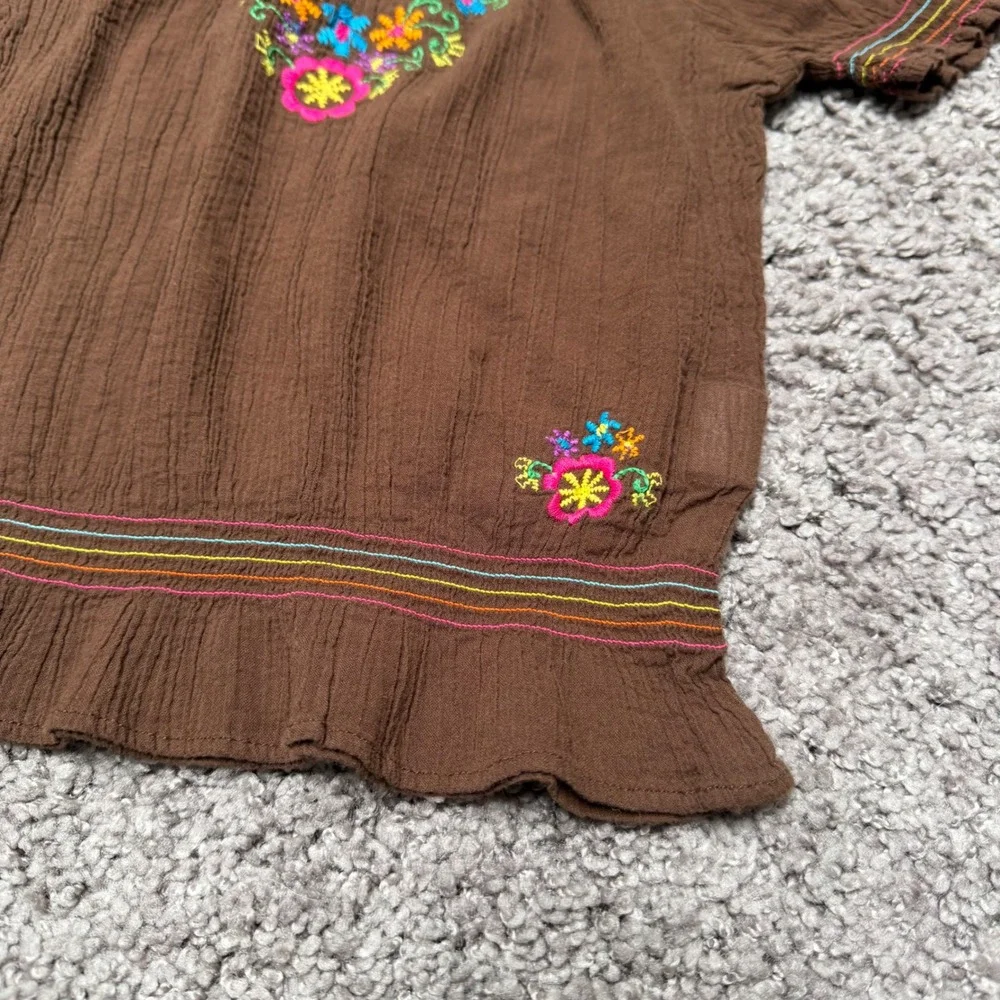 Y2K Vintage Childrens Place Embroidered Gauze Peasant Top Brown Toddler Girl 24M